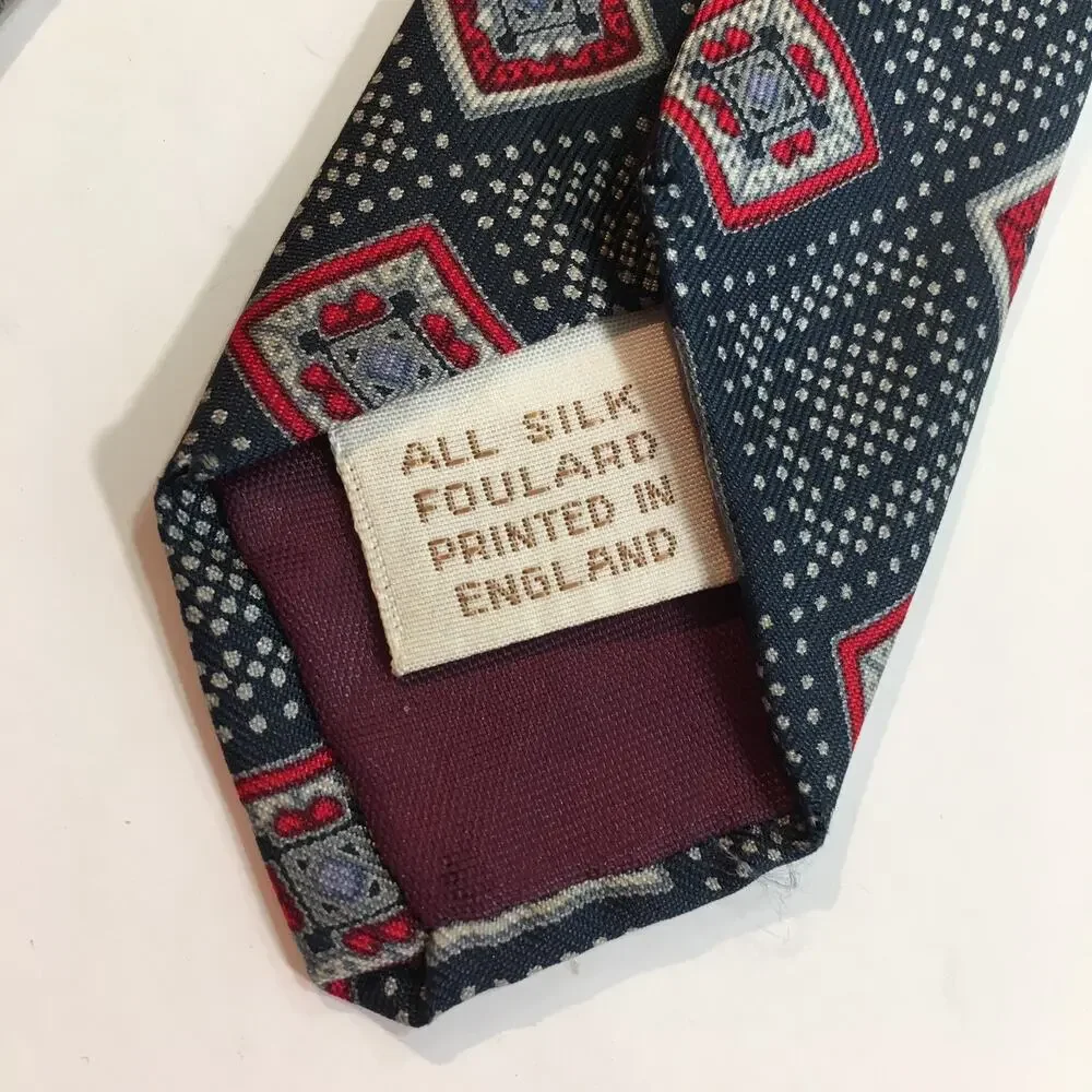 Count Barini Mens Silk Tie Navy Red Ivory Geometric Foulard Vintage Necktie